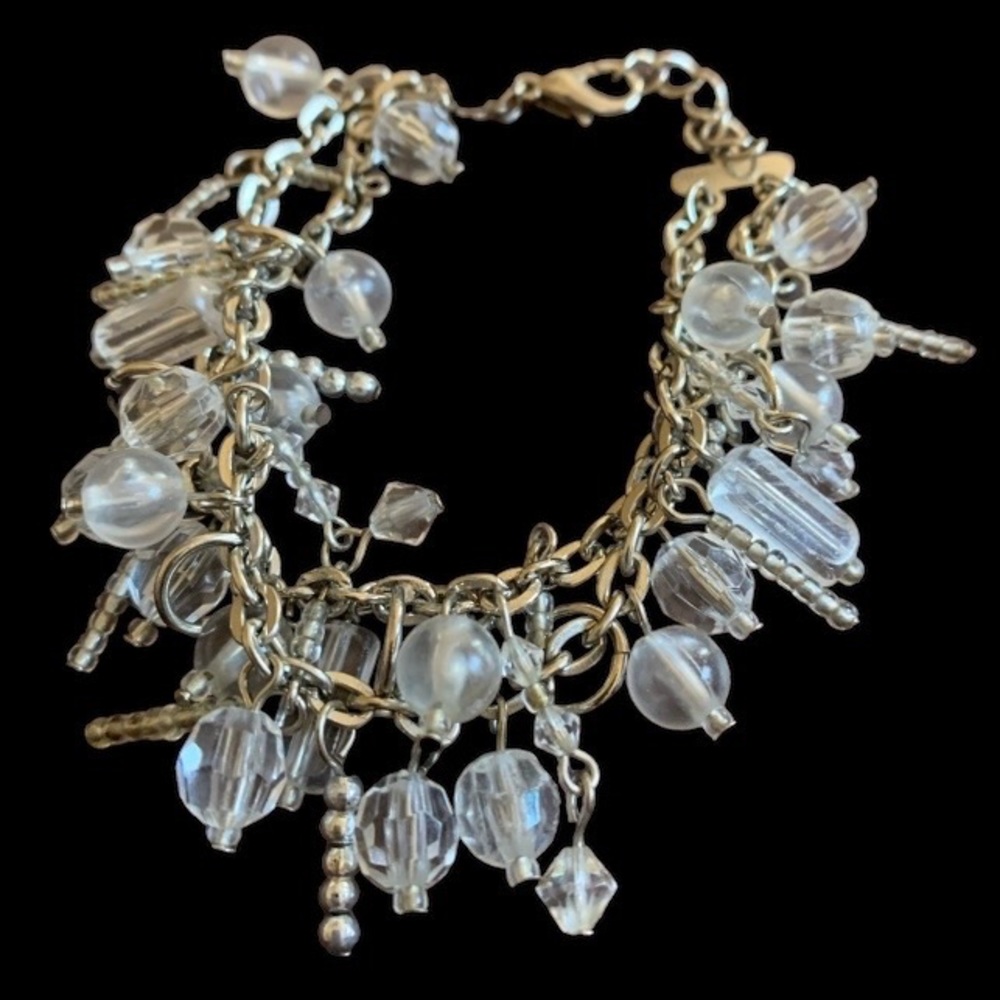 Ice Clear Beaded Dangle Bracelet Fashion Costume Silver Tone Jewelry